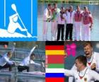 Kano sprint C2 1000 m podium, Peter Kretschmer, Kurt Kuschela (Duitsland), Andrei Bahdanovič, Aliaksandr Bahdanovič (Wit-Rusland) en Alexey Korovashkov, Ilya Pervukhin (Rusland), Londen 2012