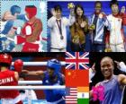 Podium boksen vlieggewicht 48-51 kg, Nicola Adams (Verenigd Koninkrijk), Ren Cancan (China), Marlen Esparza (Verenigde Staten) en Mery Kom Hmangte (India), Londen 2012