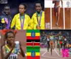 Atletiek-Vrouwen 5000 meter podium, Meseret Defar (Ethiopië), Vivian Cheruiyot (Kenia) en Tirunesh Dibaba (Ethiopië), Londen 2012