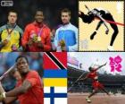 Mannen speerwerpen gooien Atletiek podium, Keshorn Walcott (Trinidad en Tobago), Olexandr Piatnytska (Oekraïne) en Antti Ruuskanen (Finland), Londen 2012