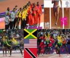 Atletiek-Mannen 4 x 100 m podium, Jamaica, Verenigde Staten en Trinidad en Tobago, Londen 2012