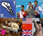 Mannen 10 m platform duiken podium, David Boudia (Verenigde Staten), Qiu Bo (China) en Thomas Daley (Verenigd Koninkrijk), Londen 2012