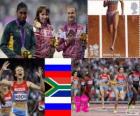 Vrouwen 800 m Atletiek podium, Mariya Savinova (Rusland), Caster Semenya (Zuid-Afrika) en Ekaterina Poistogova (Rusland), Londen 2012