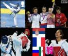 Podium taekwondo vrouwen meer dan 67 kg, Milica Mandić (Servië), Anne-Caroline Graffe (Frankrijk), Anastasia Baryshnikova (Rusland) en María de el Rosario Espinoza (Mexico) - Londen 2012 -