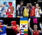 Podium boksen lichtgewicht - 60 kg mannelijke, Vasyl Lomachenko (Oekraïne) Han Soon-Chul (Zuid Korea), Yasniel Toledo (Cuba) en Evaldas Petrauskas (Litouwen) - Londen 2012 -