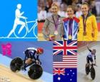 Podium fietsen track vrouwen omnium, Laura Trott (Verenigd Koninkrijk), Sarah Hammer (Verenigde Staten) en Annette Edmonson (Australië), Londen 2012