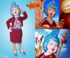 Bessie bemoeial van LazyTown praten over haar mobiele telefoon