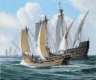 De schepen van de eerste reis van Columbus was het schip Santa Maria, en de karvelen, de Pinta en de Nina