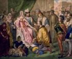 Columbus in gesprek met koningin Isabella I van Castilië, in het hof van Ferdinand en Isabella