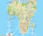 Kaart van Afrika. Het Afrikaanse continent ligt tussen de Atlantische, Indische en Stille Oceaan. Het is ook begrensd door de Middellandse Zee en de rode zee