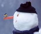 Sneeuwpop met een vogel op zijn neus