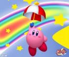 Kirby met een paraplu vliegen tussen de sterren en de regenboog