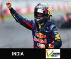 Sebastian Vettel viert zijn overwinning in de Grand Prize van India 2013