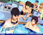 De vijf protagonisten van Free! Rin, Haruka, Nagisa, Rei en Makoto