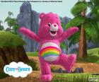 Cheer Bear troetelbeertjes, ze heeft roze kleur en haar buik-symbool is een regenboog