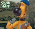 Bitzer met een fluitje en een lijst om te controleren de kudde van Shaun