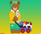 Een kleine beer en zijn kar vol speelgoed zijn de letter L