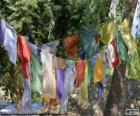 Tibetaanse gebedsvlag hebben hun oorsprong in de Himalaya, met schriftelijke Tibetaanse gebeden