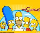 De vijf leden van de Simpsons, Homer Simpson en Marge Bouvier familie en hun drie kinderen, Bart, Lisa en Maggie