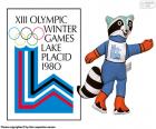 Logo en mascotte Roni in de Olympische spelen van Lake Placid 1980, Verenigde Staten. Waar waren 1072 atleten uit 37 verschillende landen