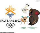 Logo en Mascottes Powder, Copper en Coal in de Olympische spelen van Salt Lake City 2002, Verenigde Staten. Bijgewoond door 2399 atleten uit 77 landen