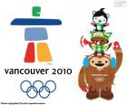 Logo en Mascottes Quatchi, Miga en Sumi van de Olympische spelen van Vancouver 2010, Canada. Met de deelname van 2632 atleten uit 82 landen