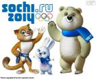 Logo en Mascottes Leopard, Bely Mishka en Zaya van de Olympische spelen in Sochi 2014, Rusland. Met de deelname van 2871 atleten uit 88 landen