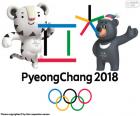Logo en Mascottes Soohorang en Bandabi van de Olympische spelen van 2018 Pyeongchang, Zuid-Korea. Met de deelname van atleten uit 92 landen
