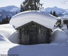 Een eenzame hoge-berghut die door sneeuw wordt behandeld