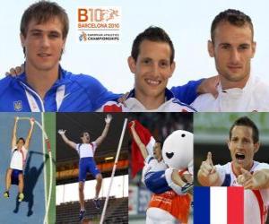 puzzel Renaud Lavillenie kampioen polsstokhoogspringen, en Przemyslaw Masuryk Maxym Czerwi&#324;ski (2e en 3e) van het Europees Kampioenschap Atletiek 2010 in Barcelona