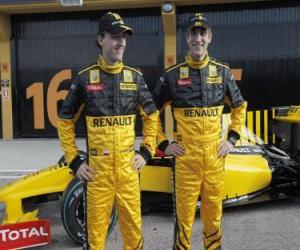 puzzel Robert Kubica en Vitaly Petrov, de piloten van de Renault F1 Scuderia