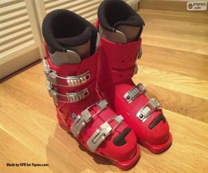 puzzel Rode alpine skischoenen