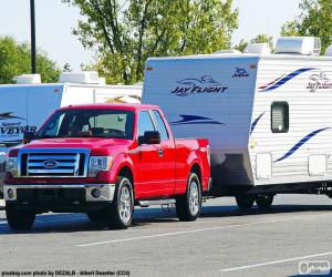 puzzel Rode pick-up met caravan