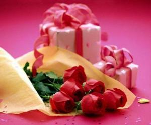 puzzel Rode rozen en een cadeau voor Valentijnsdag