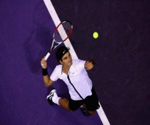 puzzel Roger Federer de voorbereidingen om een hit te dienen