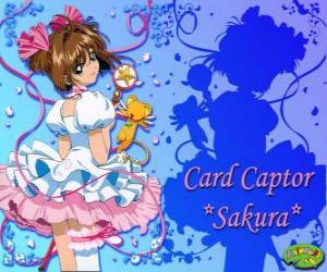 puzzel Sakura, de kaart Captor met een van haar jurken naast Kero