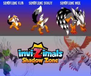 puzzel Sandflame Cub, Sandflame Scout, Sandflame Max. Invizimals Shadow Zone. Deze Invizimals hebben beschermd eeuwenlang de graven van de farao's