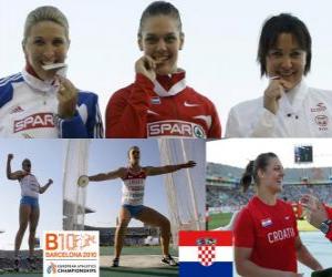 puzzel Sandra Perkovic kampioen discuswerpen, en Joanna Wi&#347;niewska Nicoleta Grasu (2e en 3e) van het Europees Kampioenschap Atletiek 2010 in Barcelona