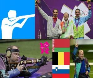 puzzel Schieten mannen, 50 meter geweer liggend mannen podium, Sergei Martynov (Wit-Rusland), Lionel Cox (België) en Rajmond Debevec (Slovenië) - Londen 2012-