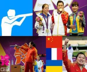 puzzel Schieten, vrouwen 10 m luchtpistool, Guo Wenjun (China), Céline Goberville (Frankrijk) en Olena Kostevych (Oekraïne) - Londen 2012 - podium
