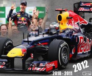 puzzel Sebastian Vettel, F1 World Champion 2012 met Red Bull Racing, is de jongste drie keer kampioen