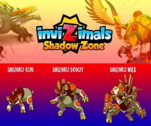 puzzel Shizoku Cub, Shizoku Scout, Shizoku Max. Invizimals Shadow Zone. Een samurai varken dat afkomstig is van het feodale Japan, een krijger in harnas