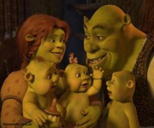 puzzel Shrek en Fiona liefde en erg blij met hun drie kinderen