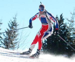 puzzel Skiër in volledige poging om praktijk cross-country skiën of langlaufen