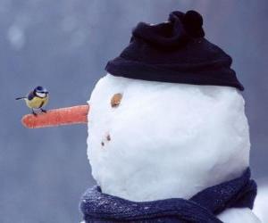 puzzel Sneeuwpop met een vogel op zijn neus