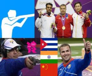 puzzel Snelle shot gun podium in mannen 25 kilometer brand, Leuris Pupo (Cuba), Vijay Kumar (India) en Ding Feng (China) - Londen 2012-