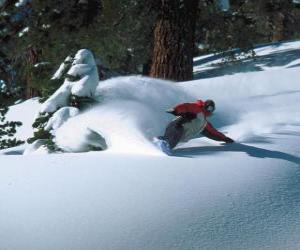 puzzel Snowboarder aflopend in verse sneeuw