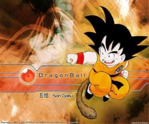 puzzel Son Goku Saiyan is een kind dat is gegroeid in de bergen te leren vechtkunsten van zijn grootvader en heeft een twist: zijn staart.