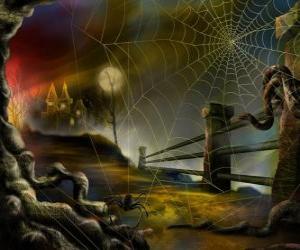 puzzel Spookhuis met een spin op de voorgrond