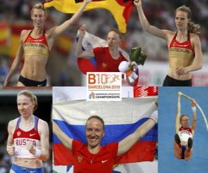 puzzel Svetlana Feofanova kampioen polsstokhoogspringen, en Lisa Ryzih Silke Spiegelburg (2e en 3e) van het Europees Kampioenschap Atletiek 2010 in Barcelona